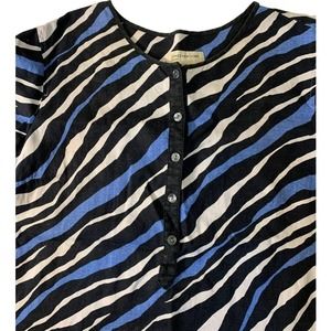 Jones New York Sport LINEN Black Blue White Zebra Striped Tunic Blouse Top XL